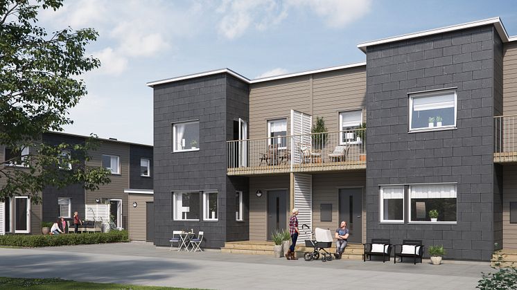 Illustration av entrésida med förstutrapp och balkong, BoKlok Bangården i Kävlinge