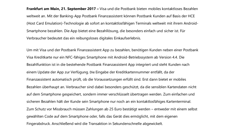 Visa und Postbank bieten weltweites mobiles Bezahlen an 