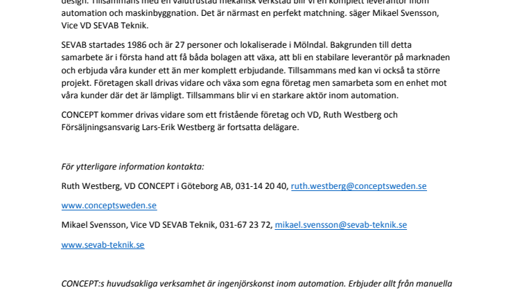 SEVAB Teknik är ny majoritetsägare i CONCEPT AB