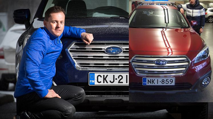 Sami Jauhojärvi (vasemmalla) ja Iivo Niskanen autoilevat arvokisakauteen Subaru Outbackeilla.