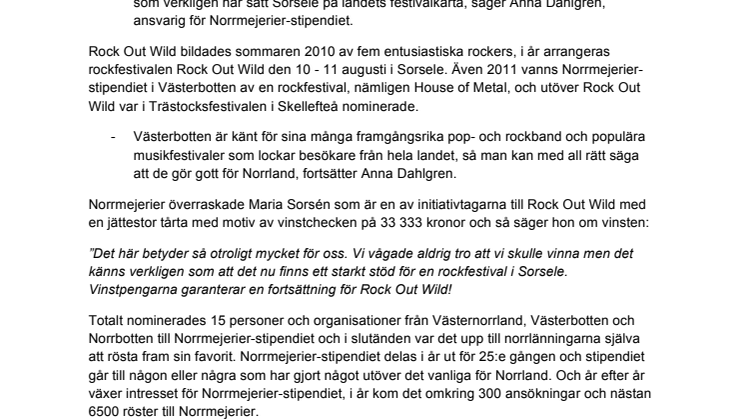 Rock Out Wild vann Norrmejerier-stipendiet i Västerbotten