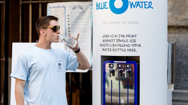 A Bluewater hydration station in Chicago, outside the downtown Chicago McCormick  Bridgehouse and Chicago River Museum, turns tap water into pristine drinking water.
