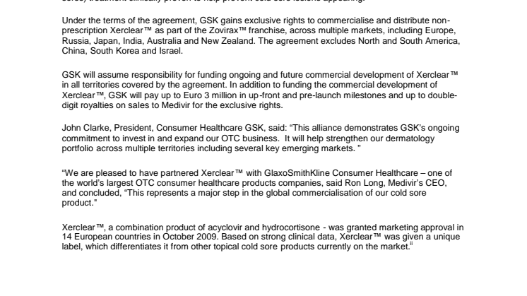 GlaxoSmithKline enters agreement with Medivir for exclusive rights to cold sore treatment Xerclear™ 