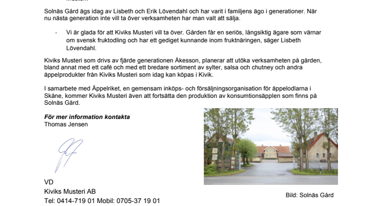 Kiviks Musteri förvärvar Solnäs Gård utanför Lund