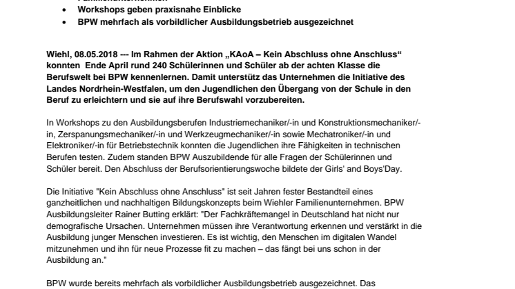 Jugendliche lernen Berufswelt von BPW kennen