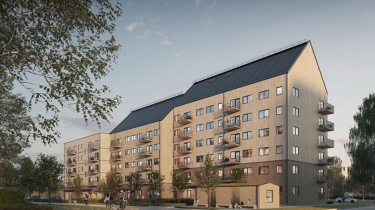 Nu bygger vi kvarteret Omställningen CO200 med halverad klimatpåverkan! Här exemplifierat med trä. Visionsbild: Kaminsky Arkitekter