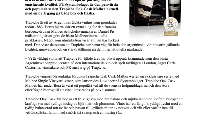 Trapiche utnämnt till årets producent 2012