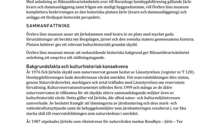 Svar från ÖLM till RAÄ ang Järle som statligt byggnadsminne