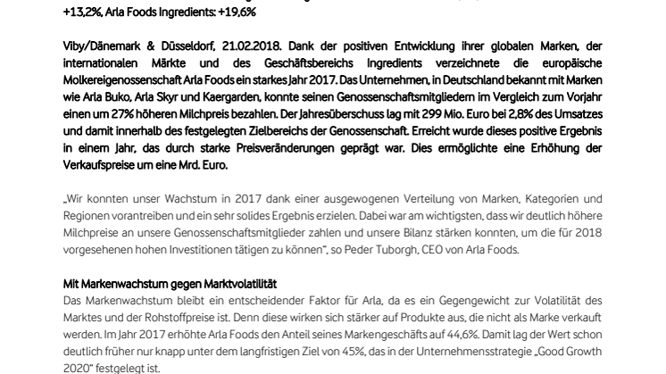 Bilanz 2017: Arla Foods mit starkem Umsatzwachstum