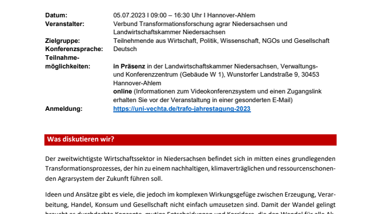 „Agrarwandel managen: Nachhaltigkeit gemeinsam umsetzen“ | Programm der Jahreskonferenz des Verbunds Transformationsforschung agrar Niedersachsen