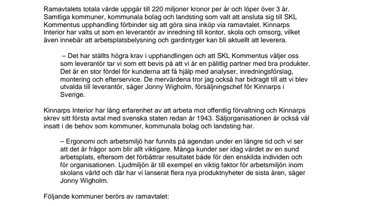 Kinnarps Interior blir leverantör till 80 kommuner, landsting och kommunala bolag