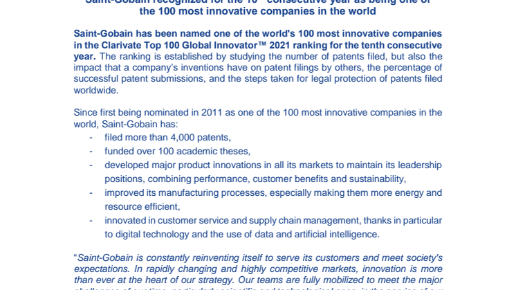 Saint-Gobain kåret til et av verdens 100 mest innovative selskaper i Clarivate Top 100 Global Innovator 2021