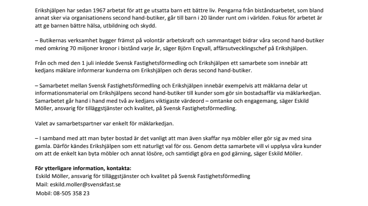 Svensk Fastighetsförmedling i samarbete med Erikshjälpen