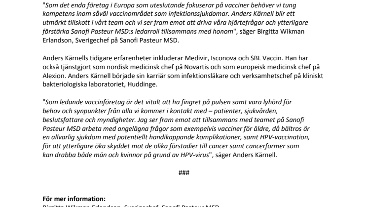 Sanofi Pasteur MSD stärker organisationen: Anders Kärnell ny medicinsk chef  