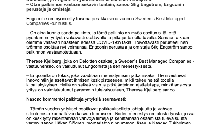 Engcon palkitaan jälleen yhtenä Ruotsin parhaiten hoidetuista yrityksistä – osoitus vakavasti otettavasta ja pitkäjänteisestä yrittäjyydestä