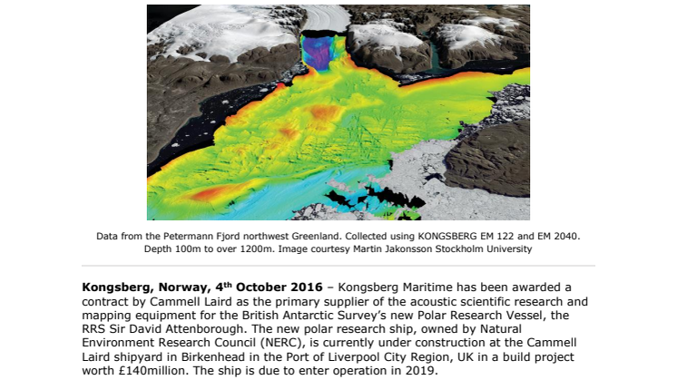 Kongsberg Maritime: KONGSBERG Chosen as Primary Acoustic Scientific Research and Mapping Technology Partner for RRS Sir David Attenborough
