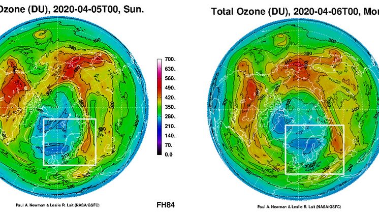 Slik varsler NASA/GSFC at ozonhullet kan være plassert 5. og 6. april. Jo mørkere blå farge, jo mindre ozon i atmosfæren. Skandinavia er markert med en hvit ramme. Kilde: NASA/Goddard Space Flight Center