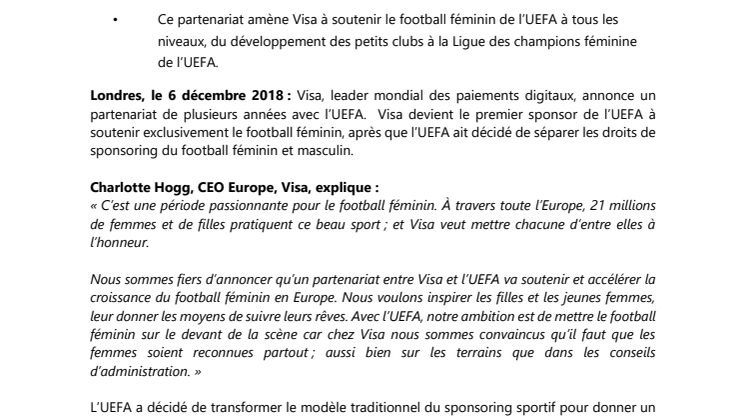 Visa signe un accord inédit sur le football féminin avec l’UEFA 