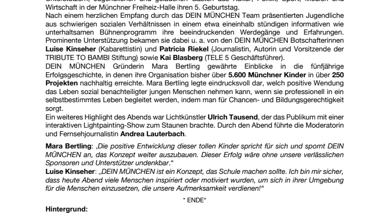 5 Jahre DEIN MÜNCHEN - Prominente Botschafter und mehr als 400 Gäste feierten das  Jubiläum der Kinder- und Jugendorganisation
