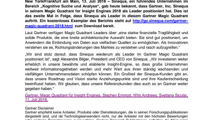 Gartner 2018 Magic Quadrant für Insight Engines: Sinequa zum zweiten Mal in Folge als Leader positioniert 