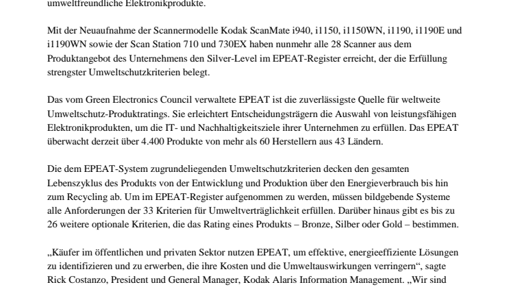 Kodak Alaris erhält EPEAT® Silber-Registrierung für die gesamte Scanner-Palette