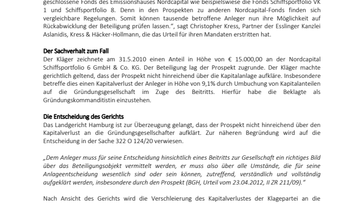Prospekthaftung bei geschlossenen Fonds: Nordcapital Emissionshaus GmbH & Cie. KG zum Schadenersatz verurteilt