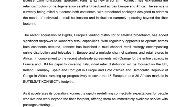 Eutelsat’s konnect ramps up retail distribution of new capacity brought by EUTELSAT KONNECT satellite  