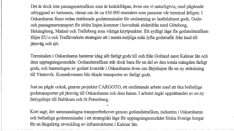 Brev till Trafikverkets generaldirektör rörande gotlandstrafiken 