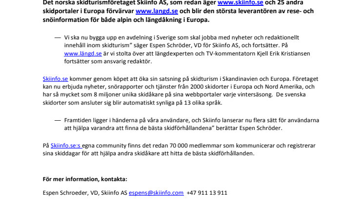 Norska skidturismföretaget Skiinfo AS köper www.langd.se
