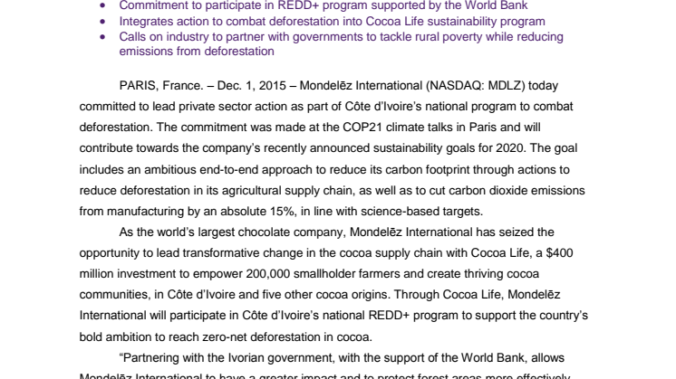 ​Mondelēz International to Lead Private Sector Action in Côte d’Ivoire’s Program to Combat Deforestation