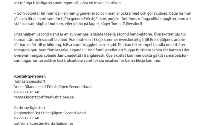 Erikshjälpen Second Hand öppnar butik i Eksjö