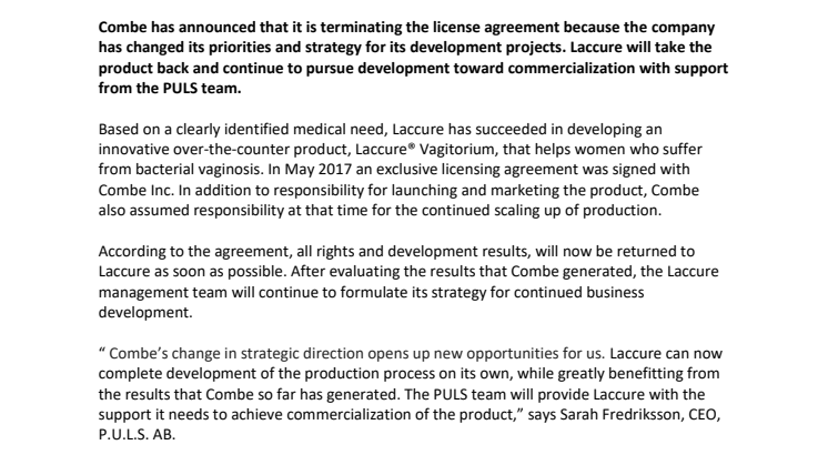 PULS project company Laccure ends collaboration with Combe and continues the commercialization process in-house