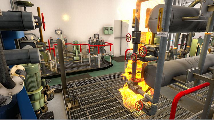 An equipment fire, as simulated by the K-Sim Safety Advanced Fire Fighting Simulator (AFFS)
