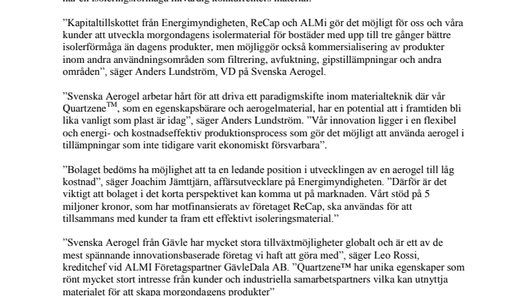 Gävlebolaget Svenska Aerogel säkrar 1 miljon euro för kommersialisering av revolutionerande isoleringstillämpningar
