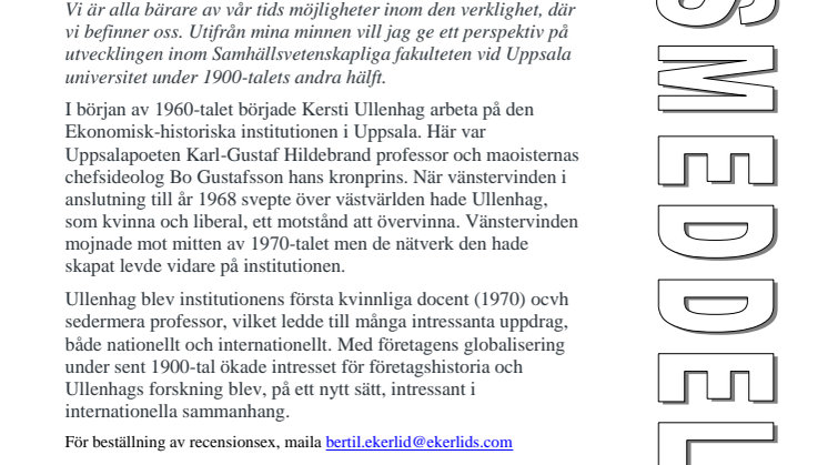 Ny bok: Kvinna under vänstervind i männens akademi av Kersti Ullenhag