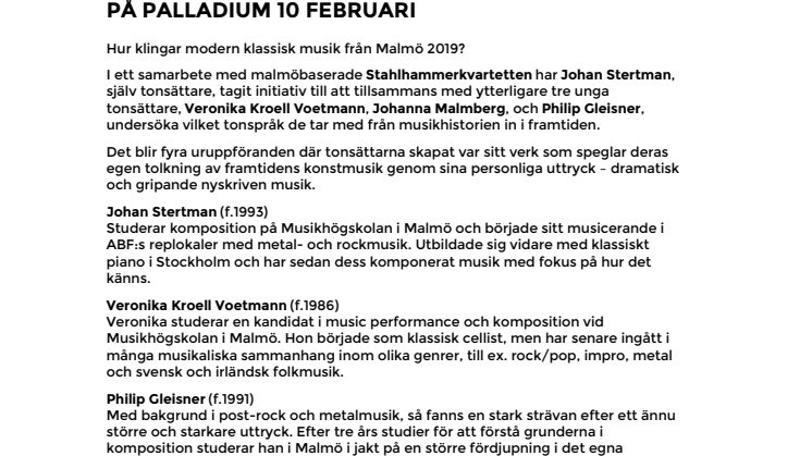 Levande Scen – Klassiskt för framtiden – uruppföranden av unga tonsättares verk med Stahlhammerkvartetten