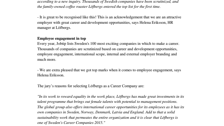 Löfbergs named one of the Career Companies 2015