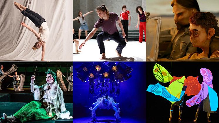 Bilder som illustrerar de ämnesområden som SKH utbildar i - cirkus, dans, film och media, opera och teater.