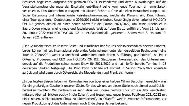HOLIDAY ON ICE verlegt Showtermine in Saarbrücken