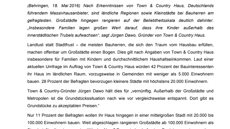 Die liebsten Orte für den Hausbau: Die meisten Bauherren bevorzugen Grundstücke im ländlichen Raum und in kleineren Städten