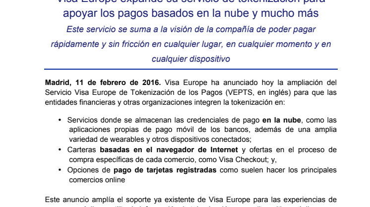 Visa Europe expande su servicio de tokenización para apoyar los pagos basados en la nube y mucho más