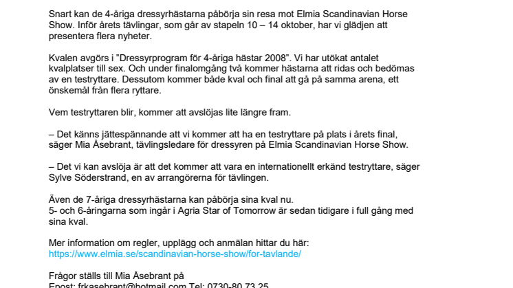 Dags för 4-åriga dressyrhästarna att kvala till Elmia Scandinavian Horse Show!