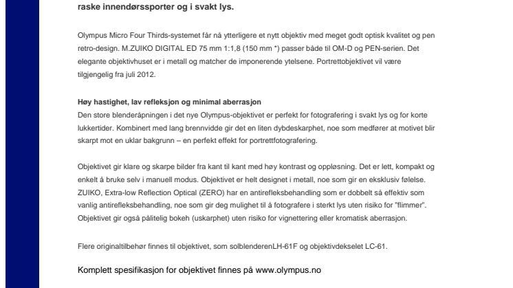 Olympus lanserer lyssterkt portrettobjektiv i metall