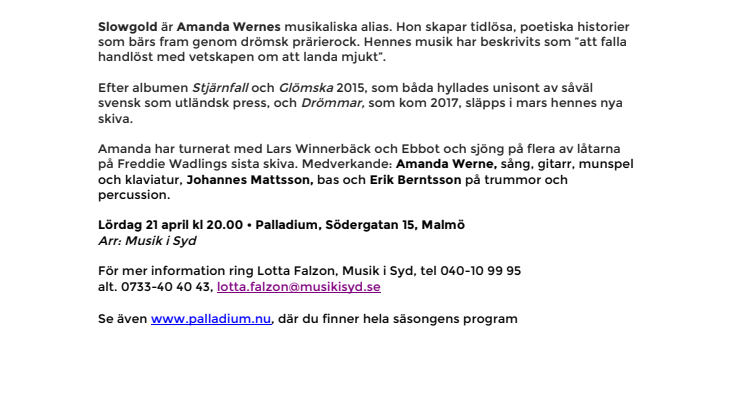 Biljettsläpp idag! Slowgold – Amanda Werne – kommer till Palladium Malmö 21april
