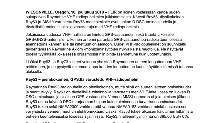 FLIR esittelee uuden sukupolven Raymarine-VHF-radiopuhelimet