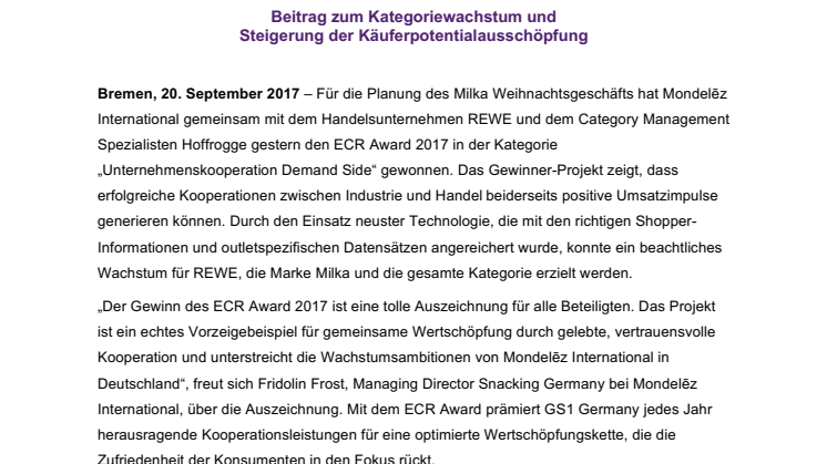 Mondelēz International, REWE und Hoffrogge gewinnen ECR Award für Big-­Data-­Kooperation