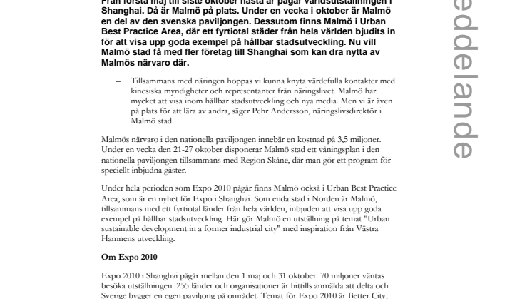 Malmö ställer ut på Expo 2010 i Shanghai