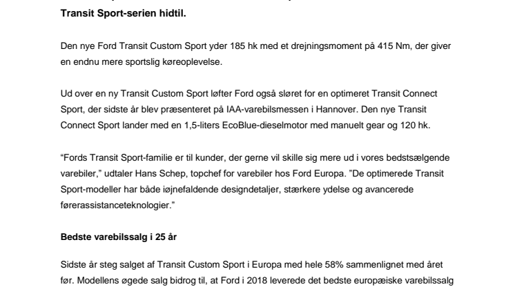 Ford annoncerer den stærkeste varebil i Transit Sport-serien nogensinde