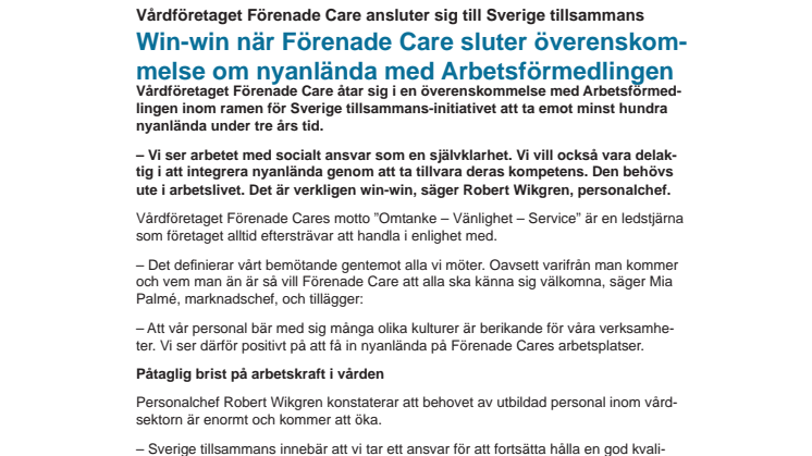 Win-win när Förenade Care sluter överenskommelse om nyanlända med Arbetsförmedlingen