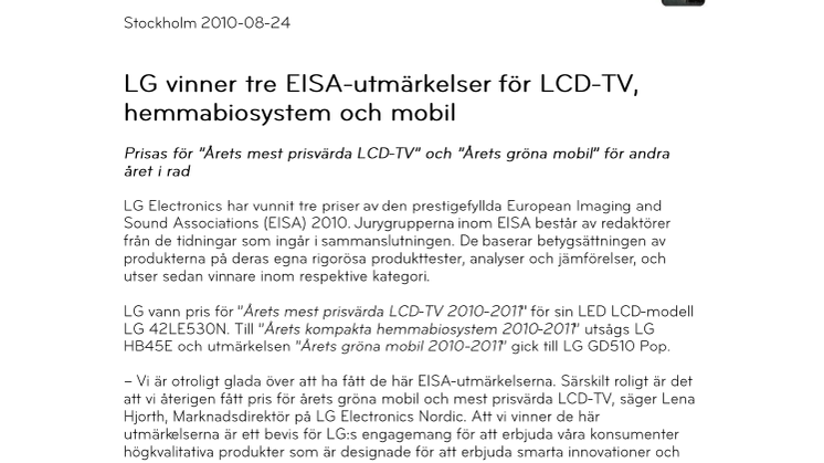 LG vinner tre EISA-utmärkelser för LCD-TV, hemmabiosystem och mobil